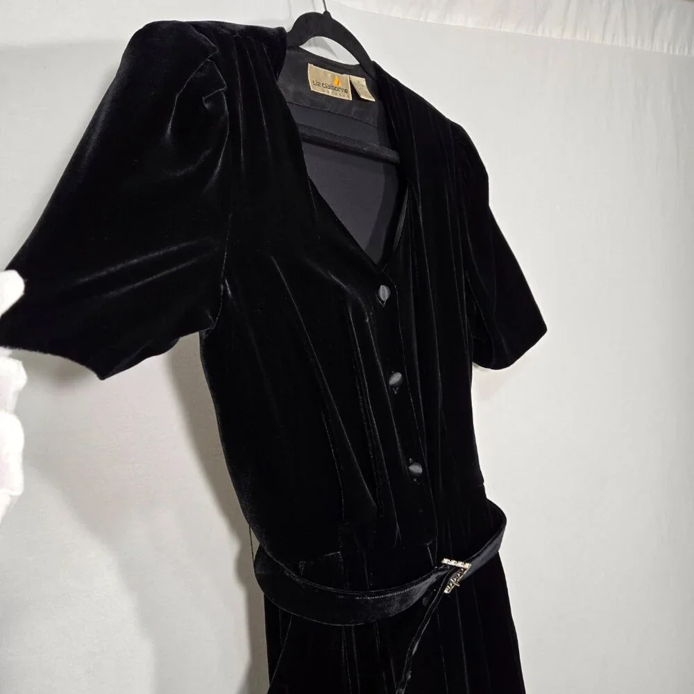 VINTAGE Academia Y2K Sirencore BLACK VELVET Pocket Belt Midi Dress Women Size 10 - Picture 3 of 16